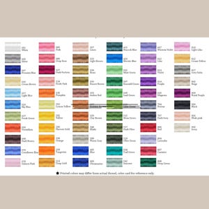 May include: A thread colour chart displaying a range of hues, from pinks and blues to greens and purples. Each colour is identified with a number and name, like "Pink" and "Sky Blue". The chart is for reference purposes.