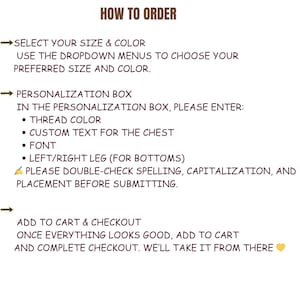 May include: White background with brown text that reads "HOW TO ORDER". Instructions include selecting size and color, personalization box details, and adding to cart. The text is easy to read and provides clear steps.