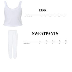 May include: White tank top and sweatpants set. The tank top has a scoop neck and spaghetti straps. The sweatpants are a relaxed fit. The image also includes a size chart for the tank and sweatpants.