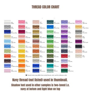 May include: Thread color chart with a variety of thread colors, each labeled with a number and name. The chart includes shades of pink, blue, green, yellow, and more. Text at the bottom states that printed colors may differ from actual thread.