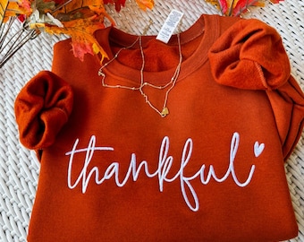Embroidered Thankful Sweatshirt Personalize Script text Group scriptures Appreciation Gift