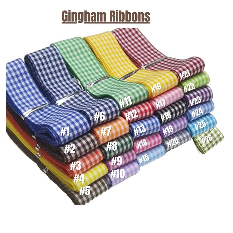 Gingham ribbon color chart showing multiple ribbon options in stacked rolls with numbered choices, including blue, navy, green, yellow, burgundy, pink, purple, gray, and black gingham patterns for customizing embroidered baby name signs, nursery decor, and personalized keepsake hoops
