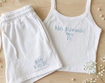 Custom Embroidered Spaghetti Strap Tank Top lounge set– Future Mrs Bridal Gift Bachelorette Party Catch Phrase Tops Personalized group tanks