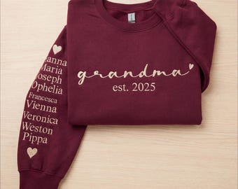 Personalized Grandma Embroidered Sweatshirt, Kids Names Sleeve, Est 2026 Crewneck