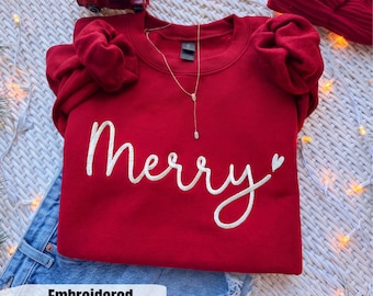 Embroidered Merry Sweatshirt, Women's Christmas Crewneck, Cursive Merry Heart Sweater, Holiday Pullover, Christmas Gift for Her
