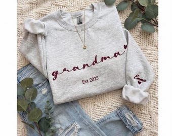 Personalized Grandma Sweatshirt, Custom Name Sleeve Embroidery, Est. Year Mama Apparel
