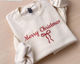 Embroidered Christmas Sweatshirt, Merry Christmas Bow Crewneck, Personalized Coquette Bow Sweater, Womens Holiday Pullover Gift