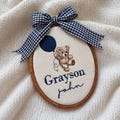 Custom Embroidered Oval Teddy Bear Baby Name Sign Gender Neutral Baby Name Reveal Hospital Birth Announcement Nursery Decor