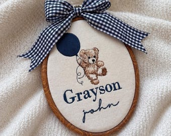 Custom Embroidered Oval Teddy Bear Baby Name Sign Gender Neutral Baby Name Reveal Hospital Birth Announcement Nursery Decor