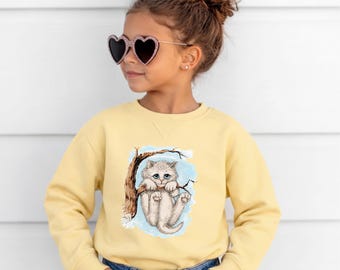 Winter Kitten Sweatshirt: Kids' Opalite Cat Crewneck, Yellow