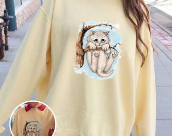 Opalite Winter Kitten Sweatshirt: Vintage Cat in Snow, Unisex Crewneck