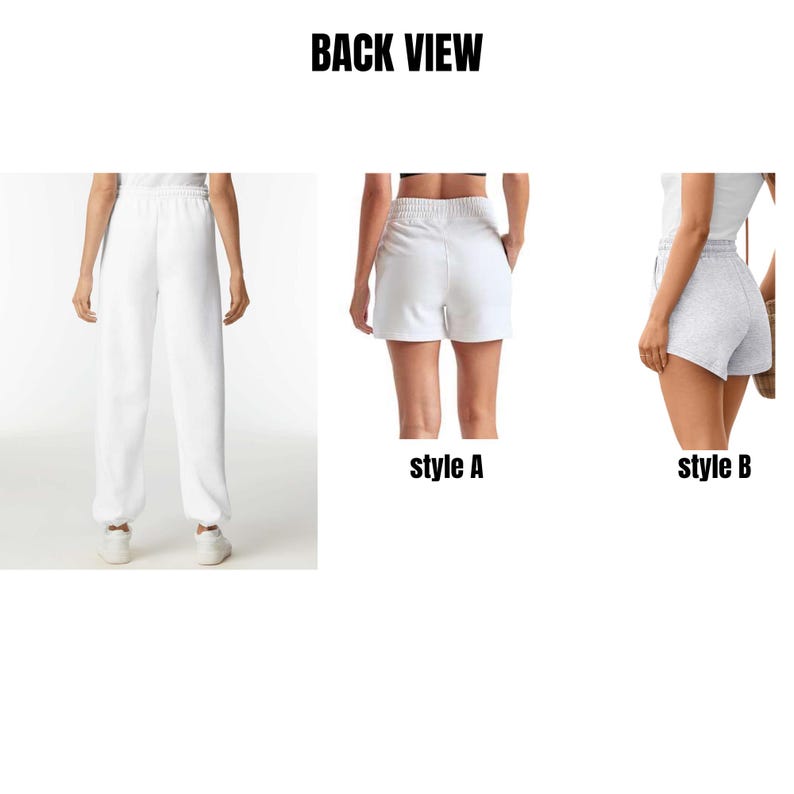May include: Back view of three different styles of athletic wear. The styles include white sweatpants, white shorts labeled "Style A", and gray shorts labeled "Style B". The text "BACK VIEW" is at the top of the image.