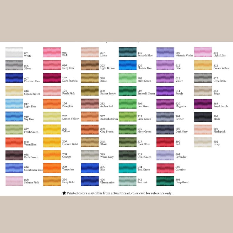May include: Color chart featuring a variety of thread colors, including pink, blue, green, and purple. Each color is labeled with a number and name. The text at the bottom states that printed colors may differ from the actual thread.
