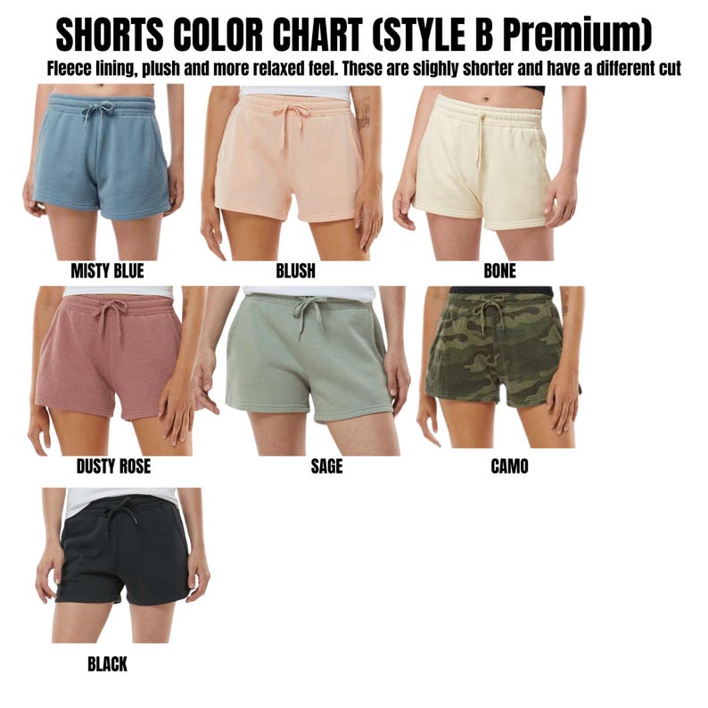 May include: Color chart of shorts in various colors: Misty Blue, Blush, Bone, Dusty Rose, Sage, Camo, and Black. The shorts have a drawstring waist and are made of a fleece lining material.