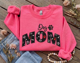 Custom Dog Mom Embroidered Sweatshirt with Paw and Name Detail