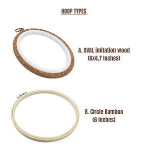 May include: Image showing two embroidery hoops. The top hoop is oval, with a wood-grain pattern and white inner ring, measuring 6x4.7 inches. The bottom hoop is circular, made of bamboo, and is 6 inches in diameter. Text reads "HOOP TYPES".