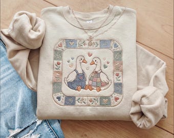Embroidered Geese Sweatshirt, Cottagecore Folk Art Animal Crewneck, Cozy Retro Farmhouse Style