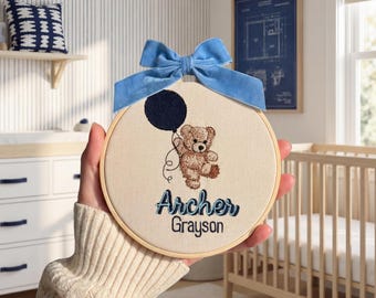 Embroidered Teddy Bear Name Hoop: Baby Announcement Nursery Decor