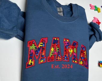 Custom Autism Mama Embroidered Sweatshirt With Kids Names On Sleeve (Est. 2023), Gift for Mom with Autistic Child Shirt