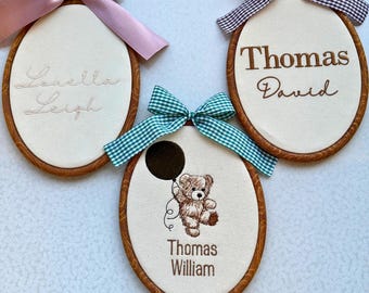 Baby Name Sign with Teddy Bear and Balloon| Embroidered Heirloom Name Reveal Sign| Nursery Wall Decor Personalized