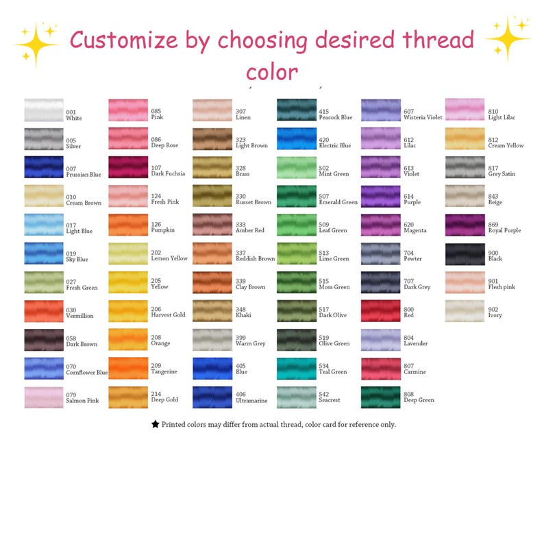 K&ouml;nnte beinhalten: Eine Garnfarbkarte mit einem Raster aus rechteckigen Farbmustern mit zugeh&ouml;rigen Nummern und Namen. Der Text oben lautet Customize by choosing desired thread color, und der Hinweis unten besagt Printed colors may differ from actual thread, color card for reference only.