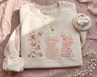 Patchwork Easter Bunny Embroidered Crewneck Sweatshirt – Vintage Pastel Floral Applique Spring Shirt