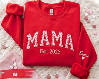 Personalized Mama Embroidered Varsity Shirt with Sleeve Text