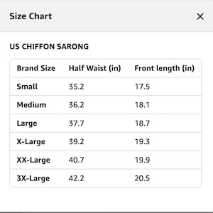 K&ouml;nnte beinhalten: Eine Gr&ouml;&szlig;entabelle f&uuml;r einen Chiffon-Sarong in Tabellenform. Die Tabelle listet Gr&ouml;&szlig;en von Small bis 3X-Large auf, mit entsprechenden Ma&szlig;en in Zoll f&uuml;r die halbe Taillenweite und die vordere L&auml;nge, von 35,2 bis 42,2 und 17,5 bis 20,5.