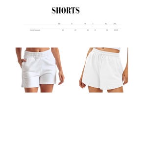 May include: White shorts with an elastic waistband and drawstring. The shorts are shown on a model. The word "SHORTS" is printed at the top of the image, along with a size chart showing waist measurements in inches.