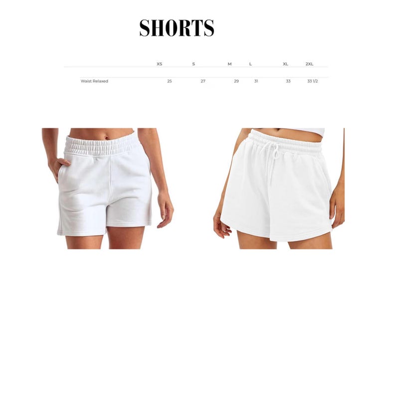 May include: White shorts with an elastic waistband and drawstring. The shorts are shown on a model. The word "SHORTS" is printed at the top of the image, along with a size chart showing waist measurements in inches.