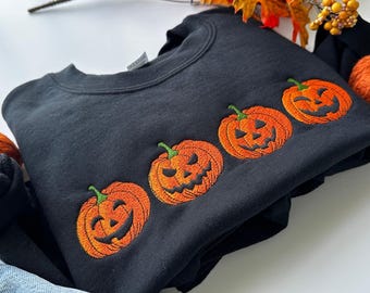 Embroidered Pumpkin Sweatshirt, Halloween Scary Pumpkin Face Crewneck, Jack O Lantern Sweater, Spooky Season Fall Shirt for Women Gift