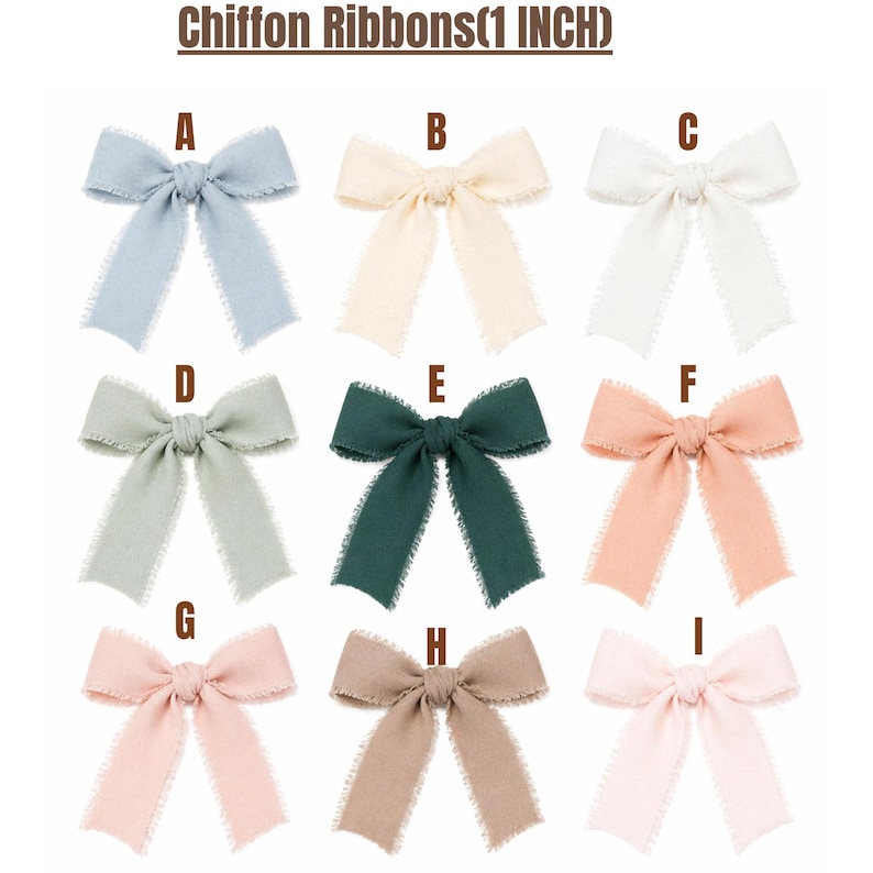 Chiffon ribbon bow color chart showing 1 inch ribbon options labeled A through I, featuring soft shades like blue, ivory, white, gray, navy, peach, blush, taupe, and cream for customizing personalized baby name signs, nursery wall decor, embroidered hoops, and keepsake gifts