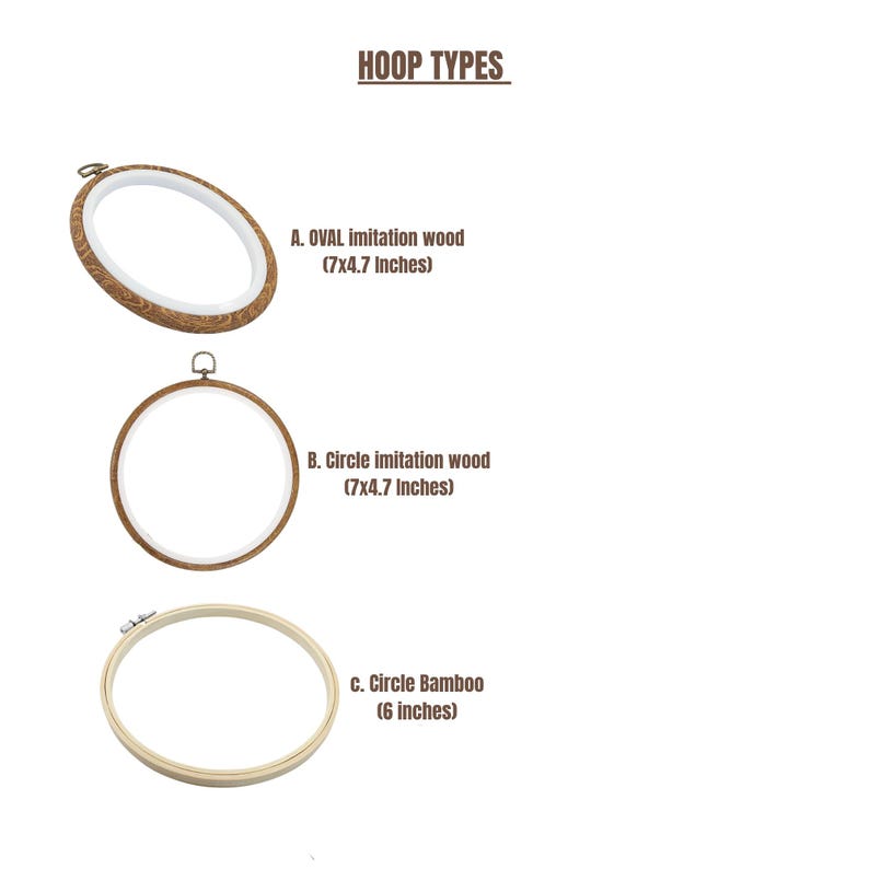 May include: Image showing three embroidery hoops. The top hoop is oval, imitation wood, measuring 7x4.7 inches. The middle hoop is a circle, imitation wood, also 7x4.7 inches. The bottom hoop is a 6-inch circle made of bamboo. Text reads "HOOP TYPES".