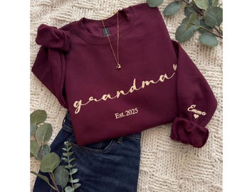 New Grandma Sweatshirt Custom Kids Name on Sleeve With Date Embroidered Sweatshirt, Mothers Day Crewneck Shirt Personalized Est