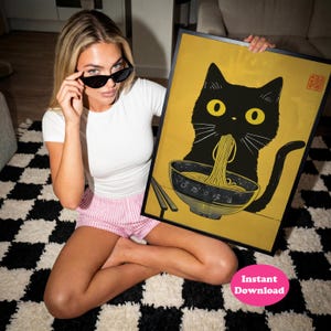 Black Cat Ramen Poster, Cute Kawaii Kitchen Wall Art, Funny Food Illustration Print, Japanese Inspired Cat Decor