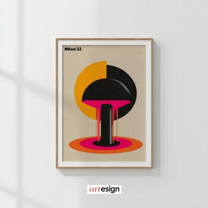 Könnte beinhalten: Abstrakter Kunstdruck mit einem pilzförmigen Design in Schwarz, Pink und Orange vor beigem Hintergrund. Der Druck enthält den Text "Milani 32" oben und das "artesign"-Logo unten, gerahmt in einem Holzrahmen.