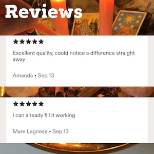 May include: A digital display of customer reviews featuring five-star ratings. The text reads: Reviews, Excellent quality, could notice a difference straight away, Amanda, Sep 13, I can already fill it working, and Mare Lagnese, Sep 13.