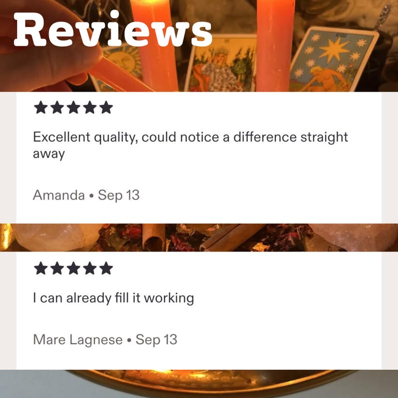 May include: A digital display of customer reviews featuring five-star ratings. The text reads: Reviews, Excellent quality, could notice a difference straight away, Amanda, Sep 13, I can already fill it working, and Mare Lagnese, Sep 13.