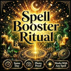May include: An image with the text "Spell Booster Ritual" in gold lettering, surrounded by candles, crystals, and a crescent moon. The image has a mystical theme with a focus on magic and rituals.