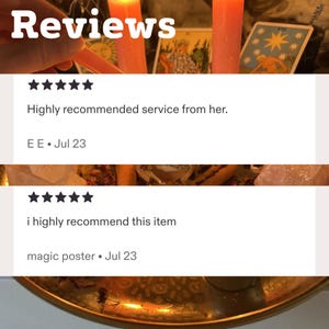 May include: A digital graphic displaying two five-star customer reviews with the heading Reviews. The first review states Highly recommended service from her by E E on Jul 23. The second review states i highly recommend this item by magic poster on Jul 23.