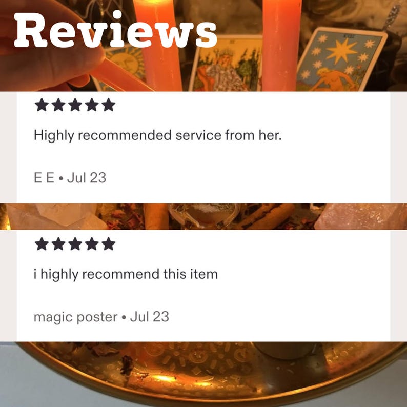 May include: A digital graphic displaying two five-star customer reviews with the heading Reviews. The first review states Highly recommended service from her by E E on Jul 23. The second review states i highly recommend this item by magic poster on Jul 23.