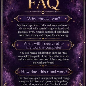 May include: A purple FAQ information card with gold celestial borders and moon phases. Text includes: Why choose you? What will I receive after the work is complete? How does this ritual work? The bottom features a lotus icon and the text by Cristina.