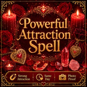 May include: A digitally enhanced image with a dark red background features the text "Powerful Attraction Spell" in gold script. The image includes red roses, candles, crystals, a horseshoe, and a heart-shaped pendant. The bottom banner reads "Strong Attraction, Same Day, Photo Proof."