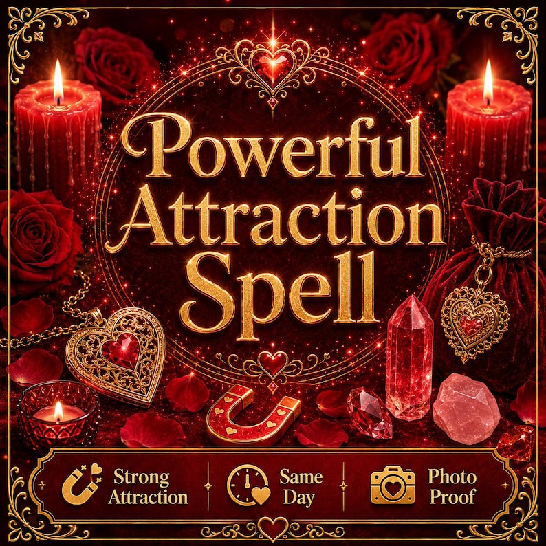 May include: A digital graphic featuring the text Powerful Attraction Spell in gold lettering. The image includes red candles, roses, a gold heart-shaped pendant, a red velvet pouch, a magnet, and crystals. Bottom text reads Strong Attraction, Same Day, Photo Proof.