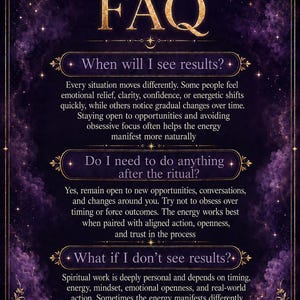 May include: A purple and gold FAQ information card featuring moon phases at the top and text detailing spiritual ritual outcomes. The card includes sections titled When will I see results?, Do I need to do anything after the ritual?, and What if I don't see results?, signed by Cristina at the bottom.
