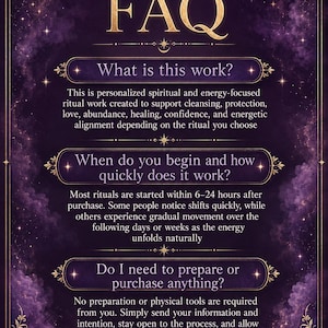 May include: A purple FAQ information card featuring gold celestial moon phases and stars. The text outlines spiritual ritual services, including questions about the work, timing, and preparation, ending with the signature by Cristina.