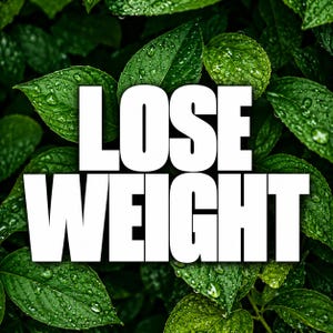 May include: A graphic design featuring the bold white text LOSE WEIGHT centered over a background of vibrant green leaves covered in small, clear water droplets. The foliage is dense and textured, providing a natural contrast to the text.