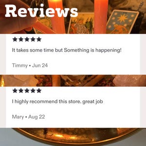 May include: A digital graphic displaying customer reviews with five-star ratings. The text reads Reviews, It takes some time but Something is happening! by Timmy on Jun 24, and I highly recommend this store. great job by Mary on Aug 22.