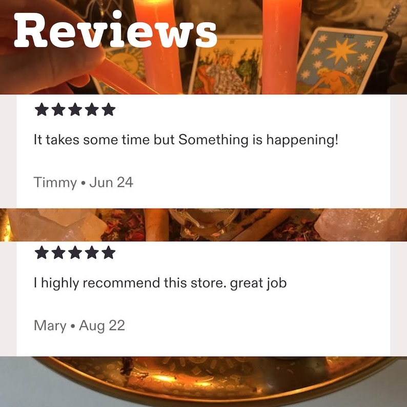 May include: A digital graphic displaying customer reviews with five-star ratings. The text reads Reviews, It takes some time but Something is happening! by Timmy on Jun 24, and I highly recommend this store. great job by Mary on Aug 22.