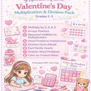 Może przedstawiać: Walentynkowy, edukacyjny plik PDF do druku z ćwiczeniami z mnożenia i dzielenia dla klas 2-3. Obraz zawiera dziewczynkę z kreskówki, serca, kalkulator i misia. Tekst zawiera "Hope's Learning Corner" i "Color-by-Product Sheet".